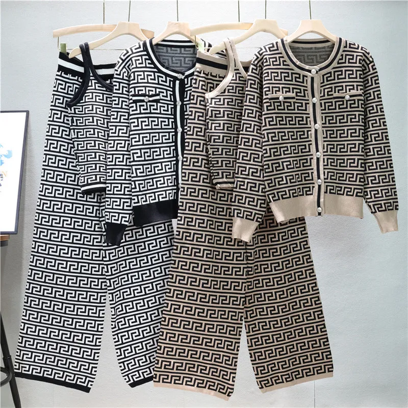 GBOLSOS  2025 trade European station fashion suit women's autumn jacquard knitted cardigan jacket vest wide-leg pants three-piece set