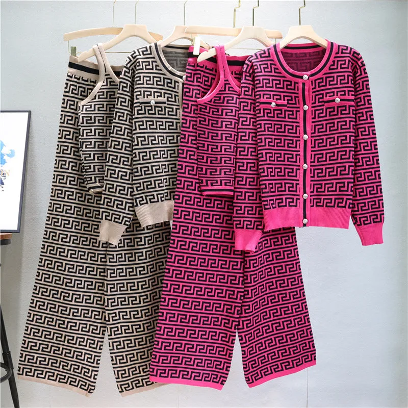GBOLSOS  2025 trade European station fashion suit women's autumn jacquard knitted cardigan jacket vest wide-leg pants three-piece set