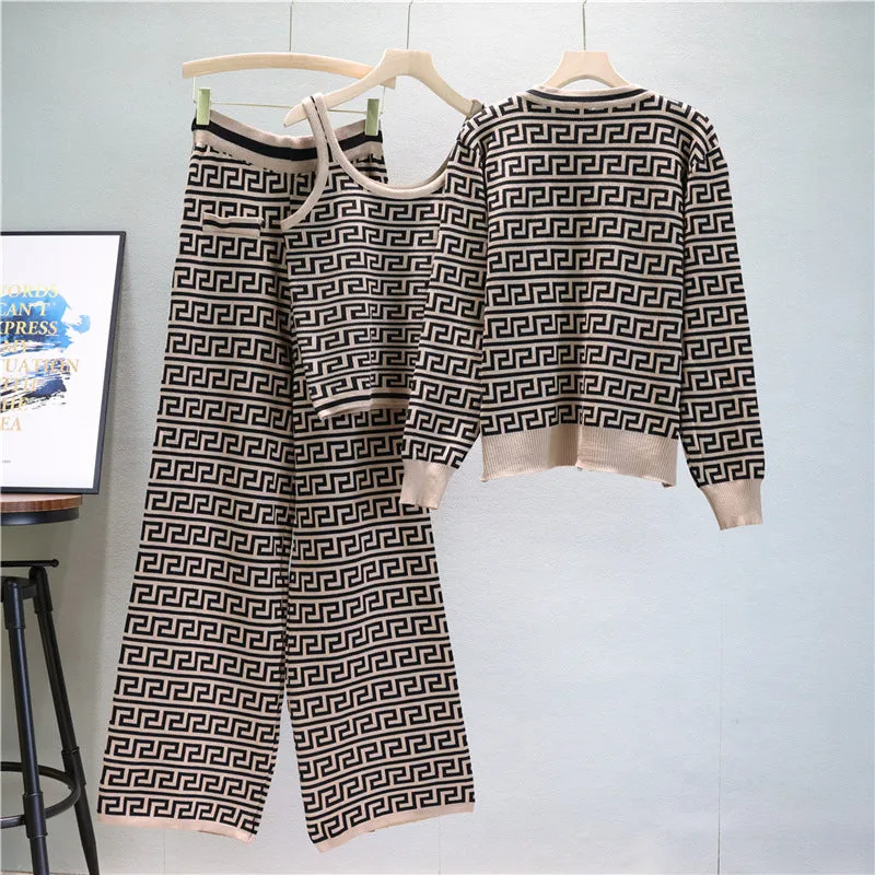 GBOLSOS  2025 trade European station fashion suit women's autumn jacquard knitted cardigan jacket vest wide-leg pants three-piece set