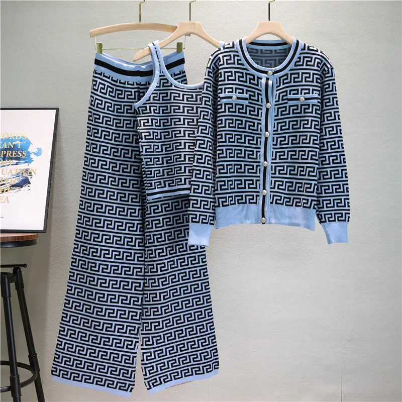 GBOLSOS  2025 trade European station fashion suit women's autumn jacquard knitted cardigan jacket vest wide-leg pants three-piece set