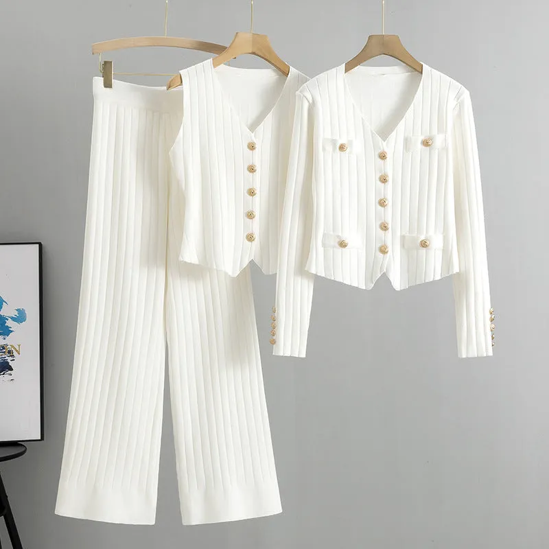 GBOLSOS Korean version slim-fit Xiaoxiangfeng wide-leg pants sweater three-piece set women's New autumn and winter new vest knitted cardigan set