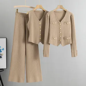 GBOLSOS Korean version slim-fit Xiaoxiangfeng wide-leg pants sweater three-piece set women's New autumn and winter new vest knitted cardigan set