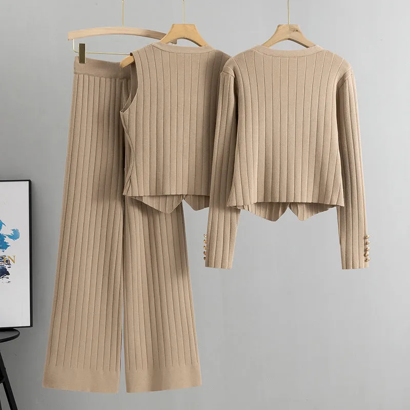 GBOLSOS Korean version slim-fit Xiaoxiangfeng wide-leg pants sweater three-piece set women's New autumn and winter new vest knitted cardigan set