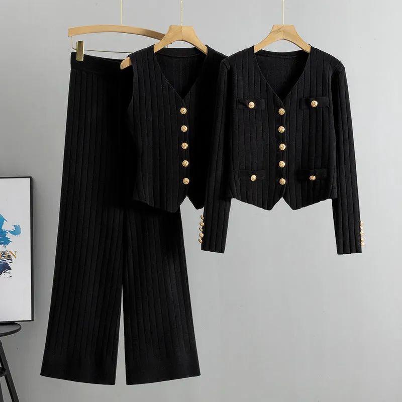 GBOLSOS Korean version slim-fit Xiaoxiangfeng wide-leg pants sweater three-piece set women's New autumn and winter new vest knitted cardigan set