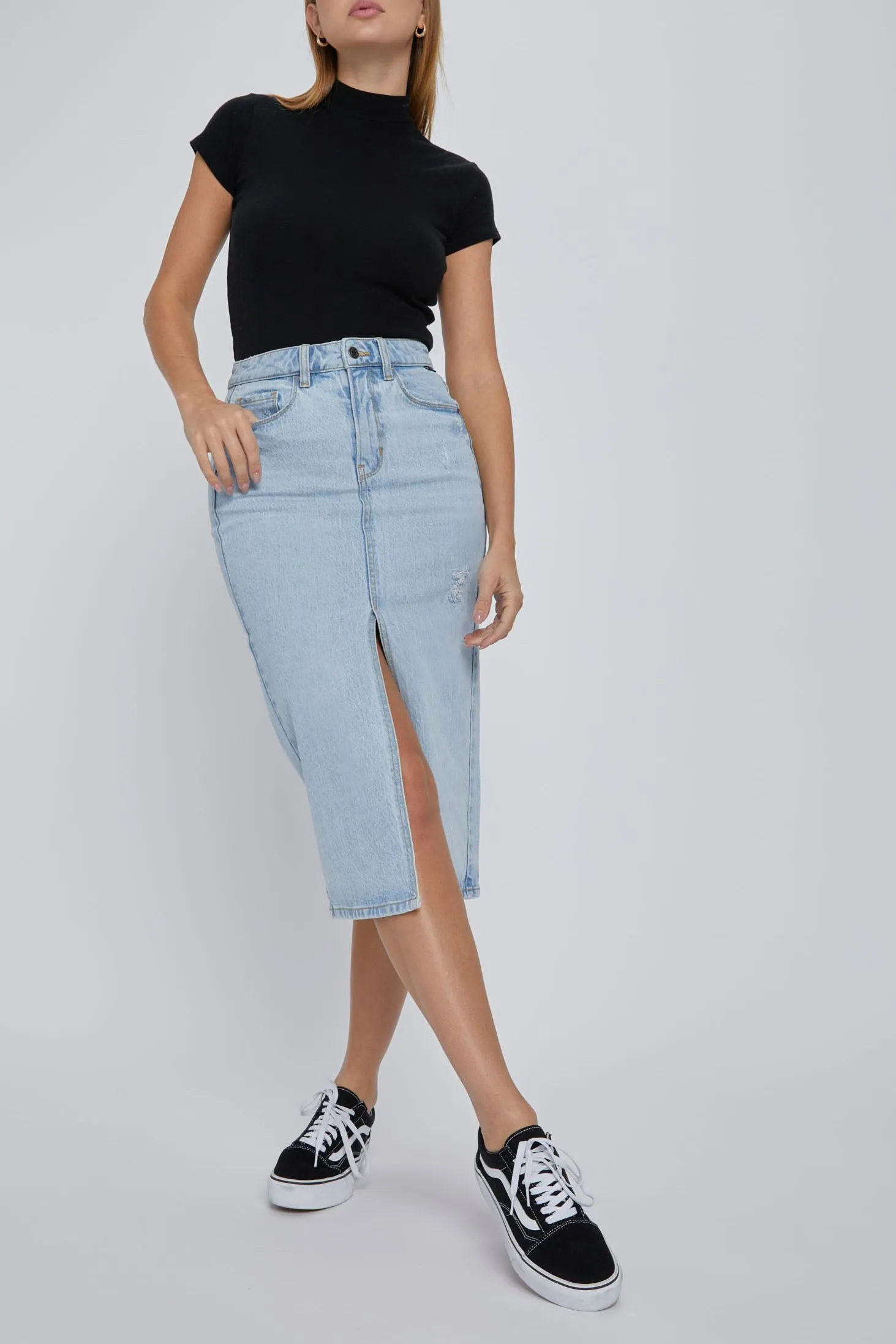 High Rise Midi Skirt with Front Slit