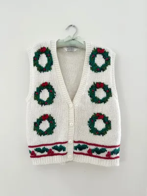 Holiday Wreath Hand Knit 80s Vintage Sweater Vest (M/L)