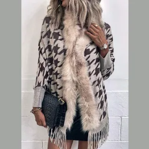 Houndstooth Fringe Hem Poncho