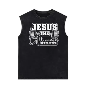 Jesus The Deadlifter Dumbbell Pattern Vintage Washed Vest Top