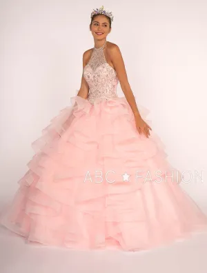 Jeweled Halter Ball Gown with Layered Skirt by Elizabeth K GL2512