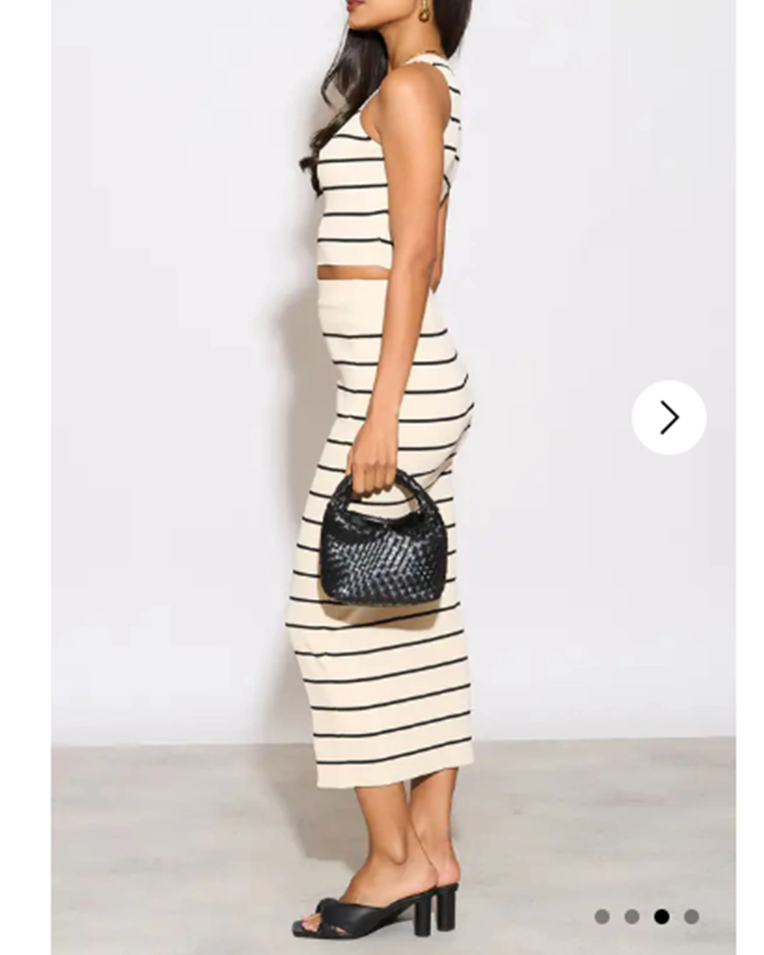 Knitted stripe print vest top and midi skirt co-ords set in beige