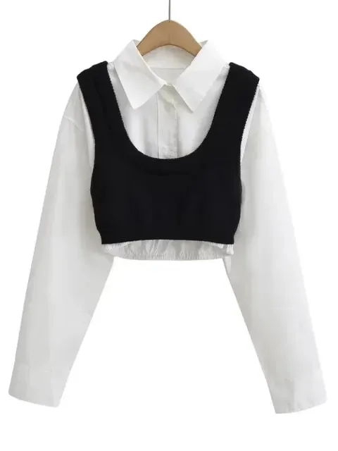 Lapel Long Sleeve Single Breasted Cropped with Knitted Vest 2 Piece Fashion Top