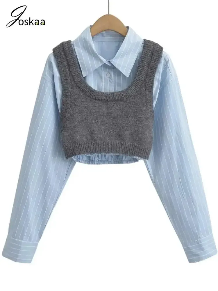 Lapel Long Sleeve Single Breasted Cropped with Knitted Vest 2 Piece Fashion Top