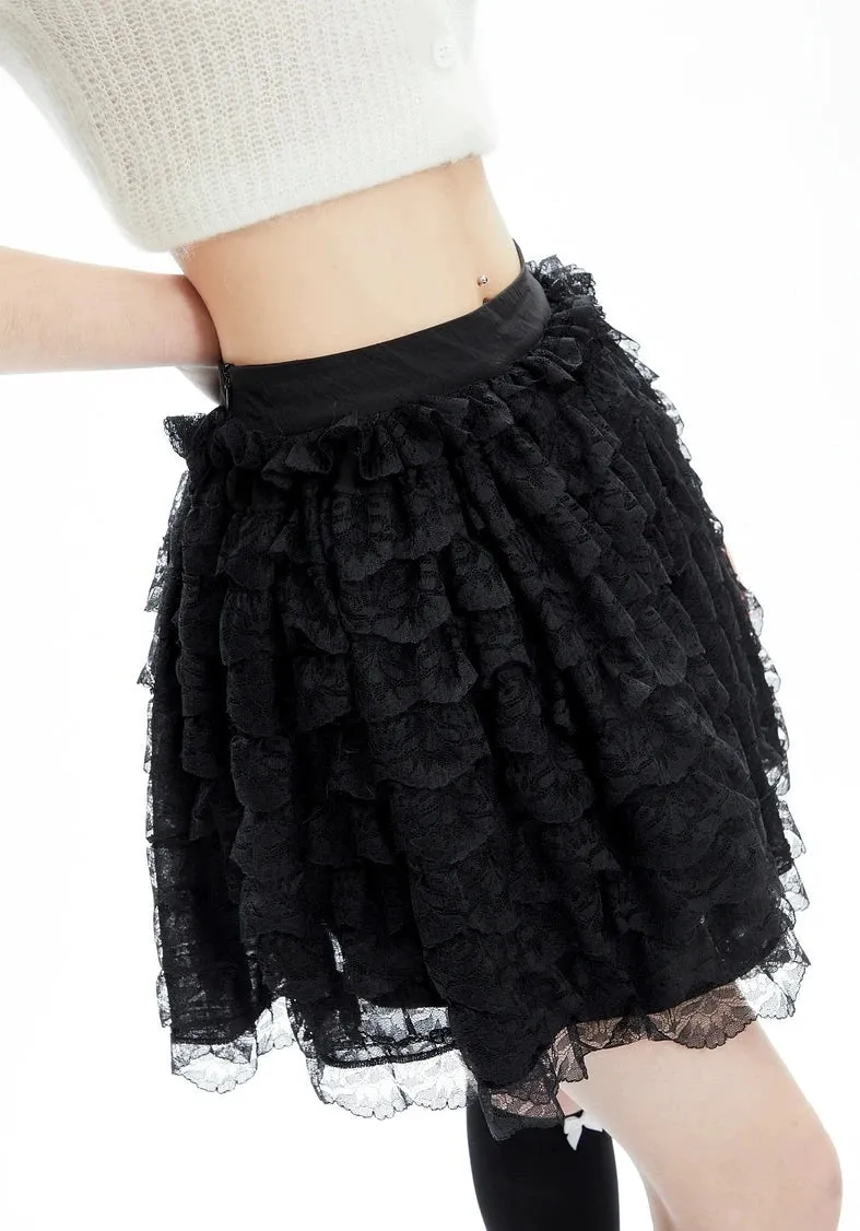 Layered Ruffle Lace Mini Skirt with Elastic Waistband