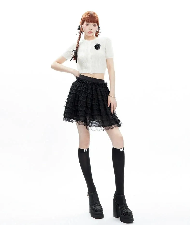 Layered Ruffle Lace Mini Skirt with Elastic Waistband