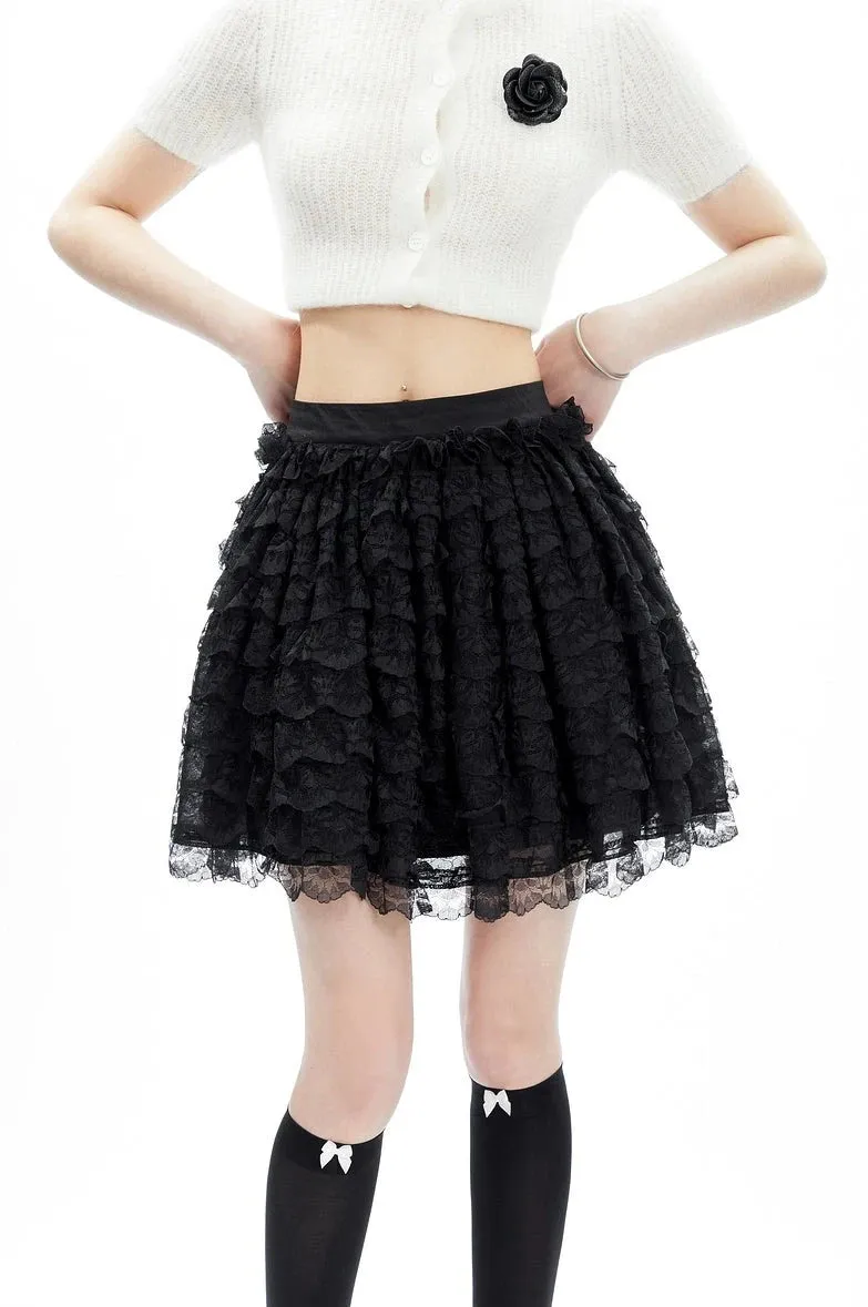 Layered Ruffle Lace Mini Skirt with Elastic Waistband