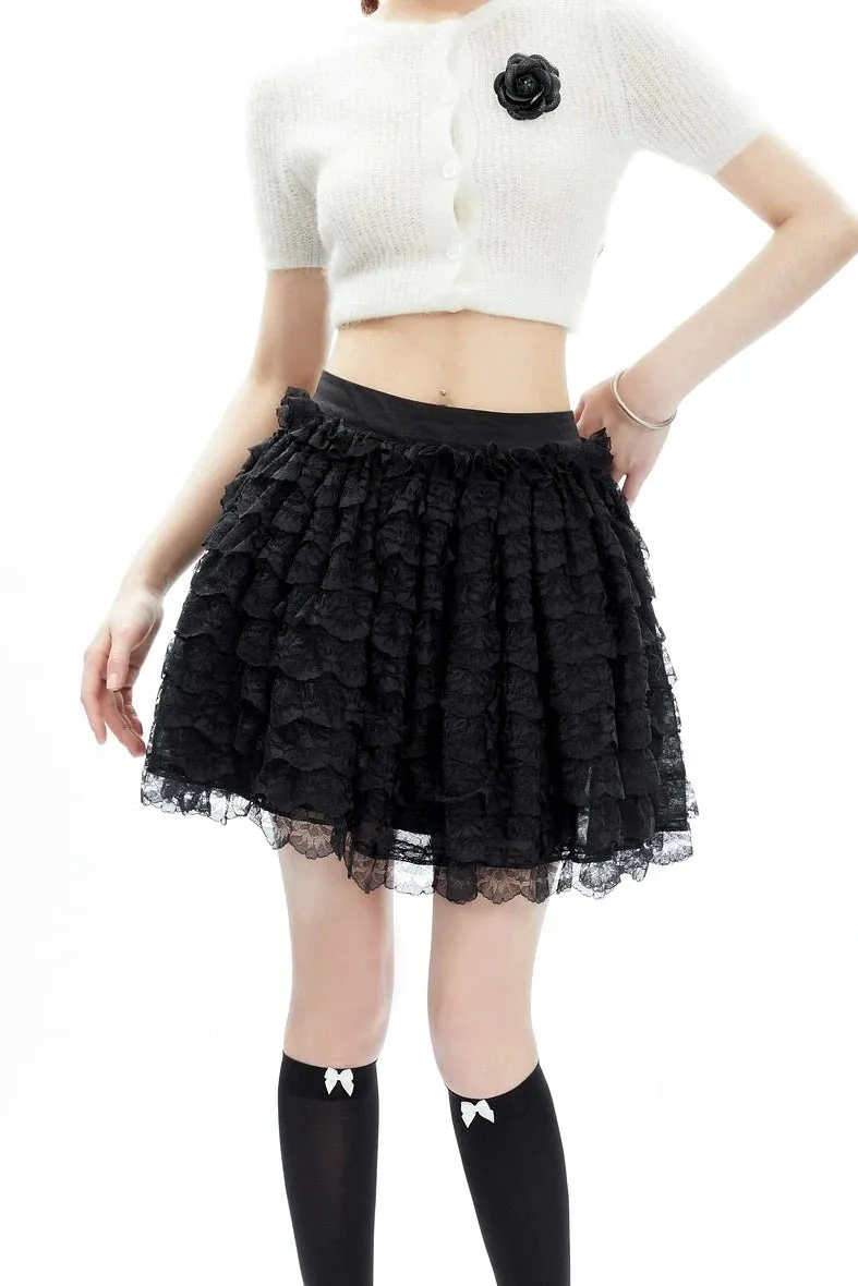 Layered Ruffle Lace Mini Skirt with Elastic Waistband