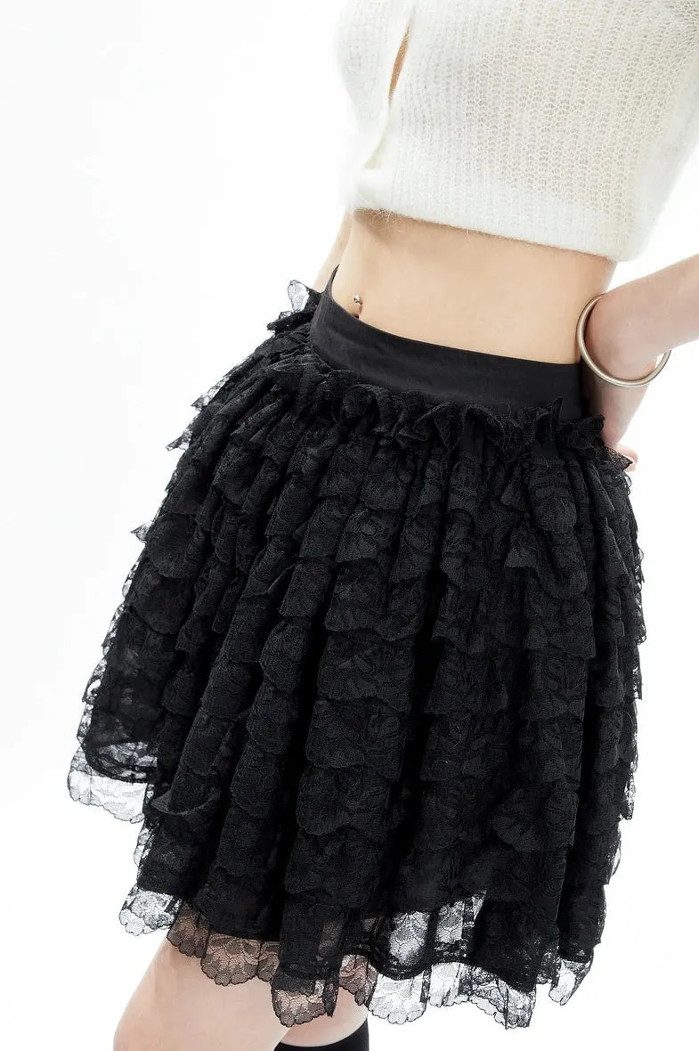 Layered Ruffle Lace Mini Skirt with Elastic Waistband
