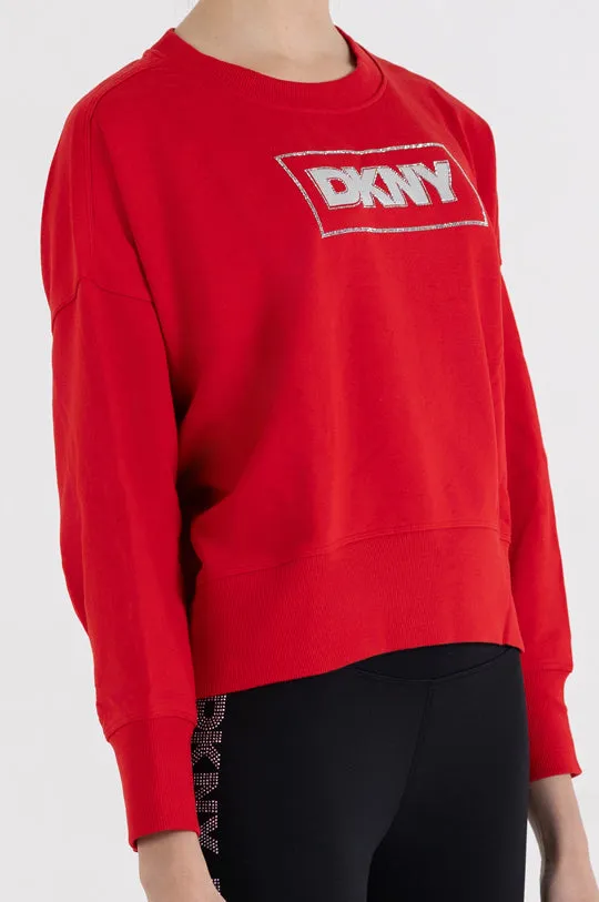 LONG SLEEVE CREW NECK FOIL RHINESTONE LOGO PULLOVER