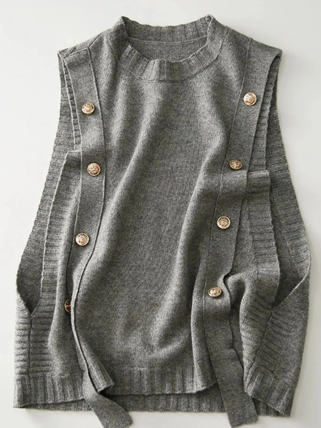 Loose Button Knitted Vest - Black