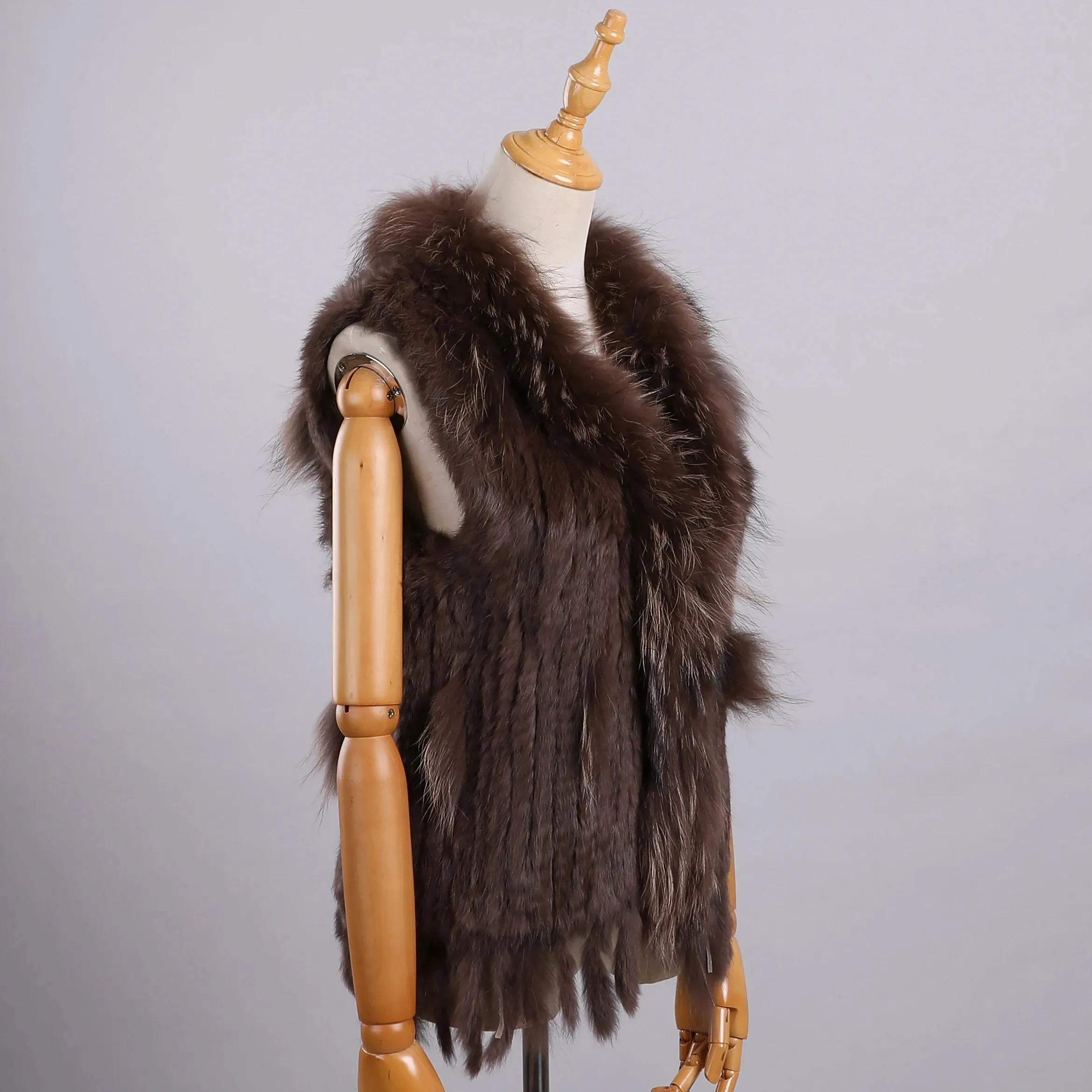 Luxury Women's Genuine Long Hair Rabbit Fur Knit Vest with Raccoon Fur Trim – Sleeveless Waistcoat Real Fur Jacket