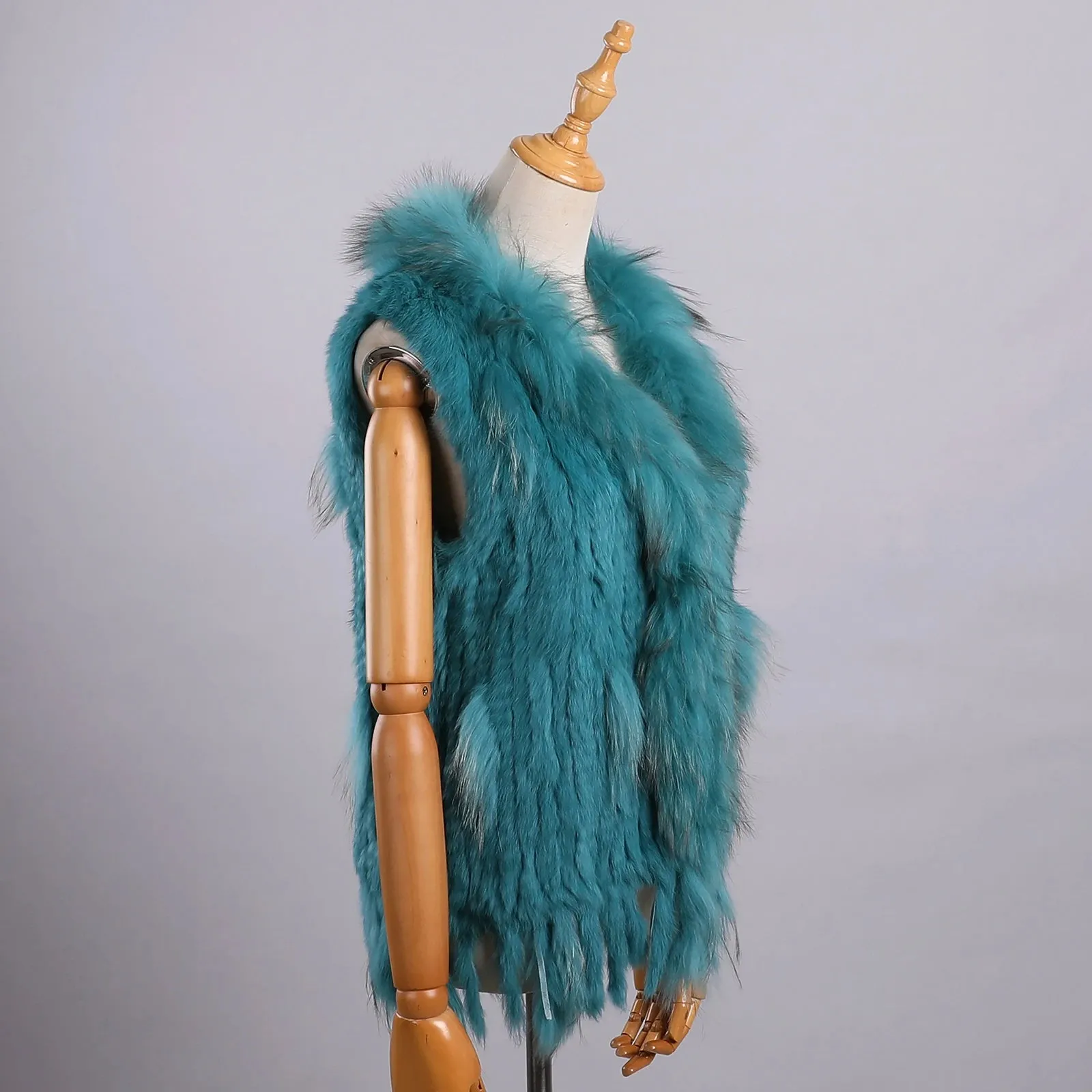 Luxury Women's Genuine Long Hair Rabbit Fur Knit Vest with Raccoon Fur Trim – Sleeveless Waistcoat Real Fur Jacket
