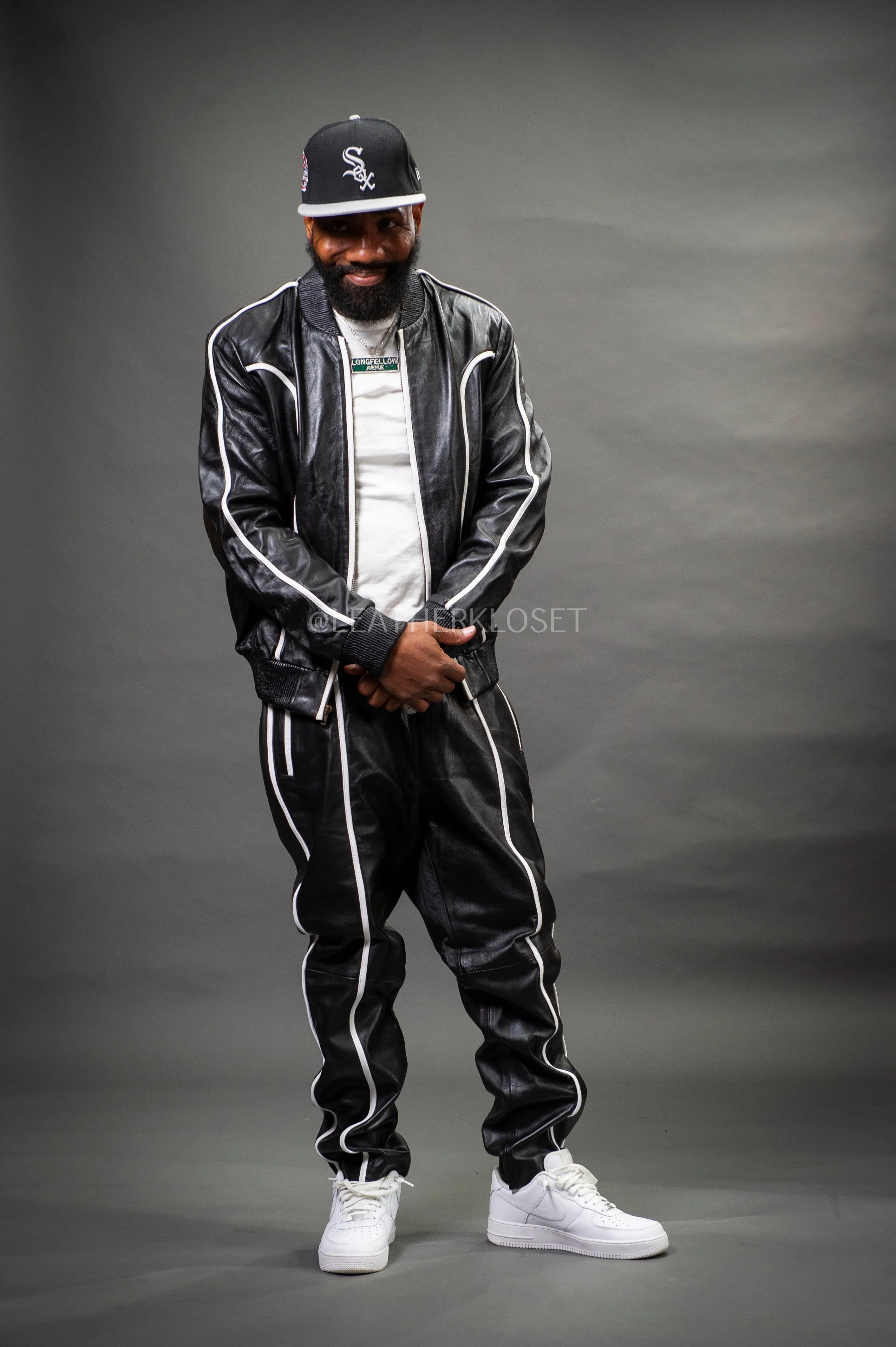 Men's Brayden Leather Track Suit Sweatsuit [Black/White]