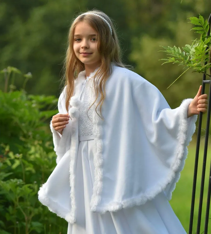 MR-P001 Soft White Fleece Poncho with Fur