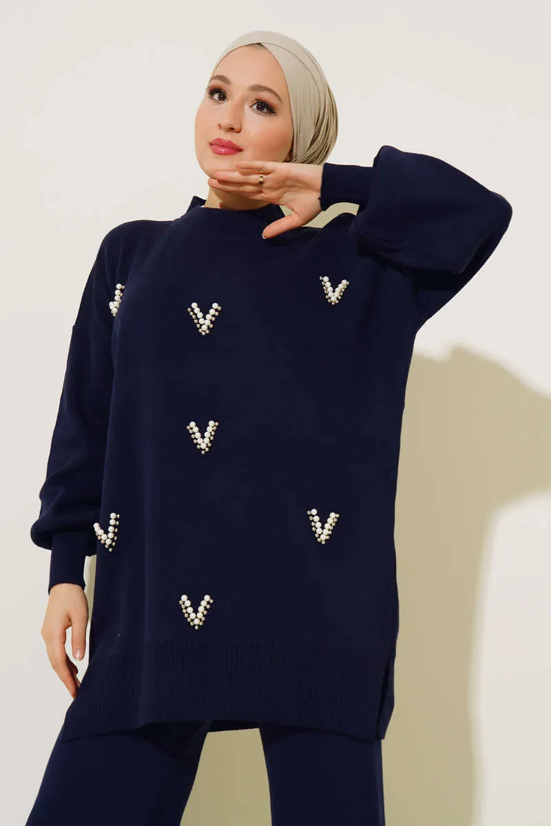 Navy Pearls Detail Knitted Co-ord