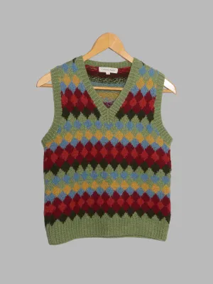 Nicole Farhi 1990s green red multicolour diamond pattern knitted wool vest