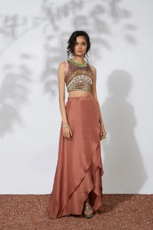 Ochre Skirt With Embroidered Crop Top
