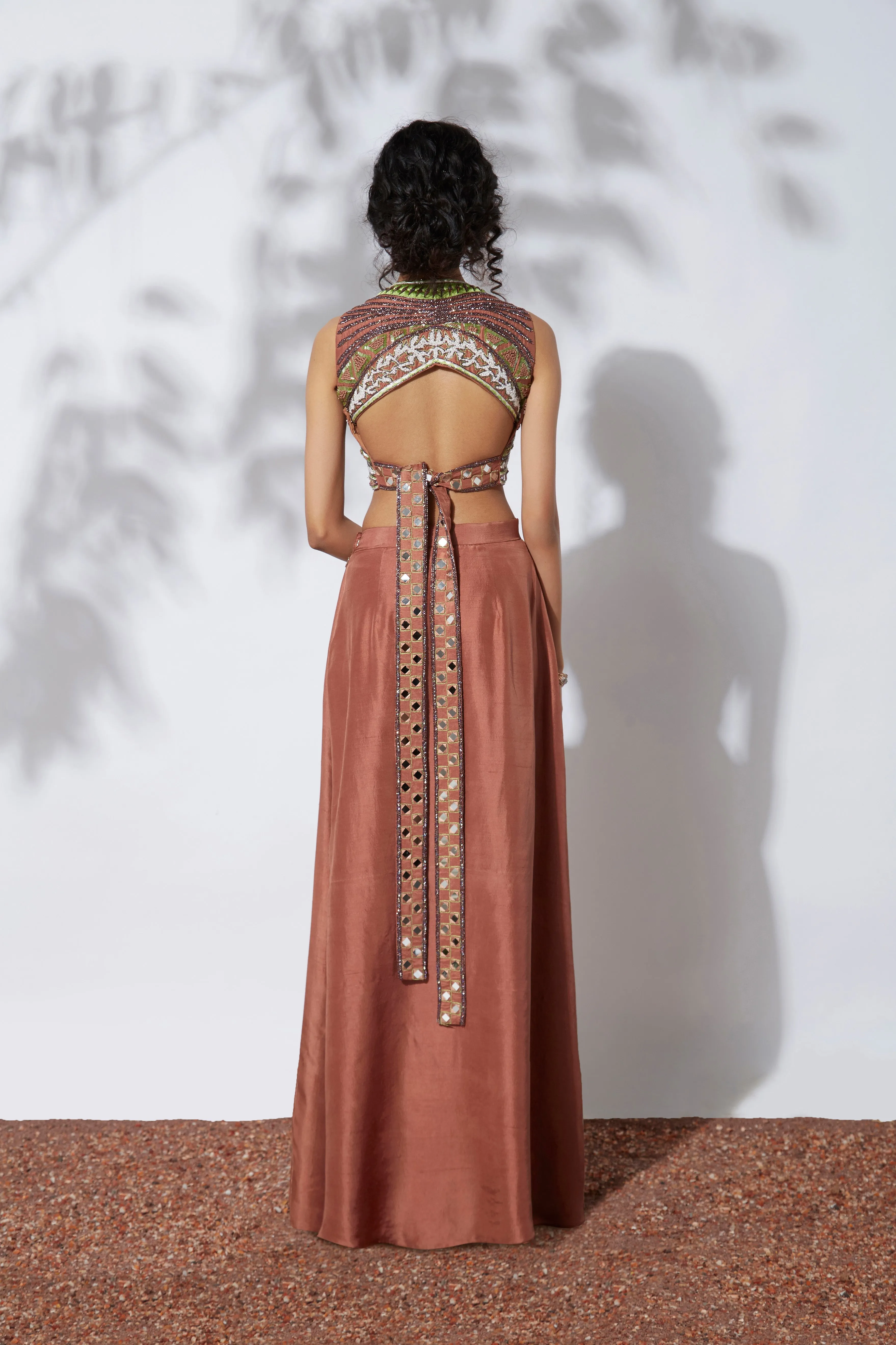 Ochre Skirt With Embroidered Crop Top