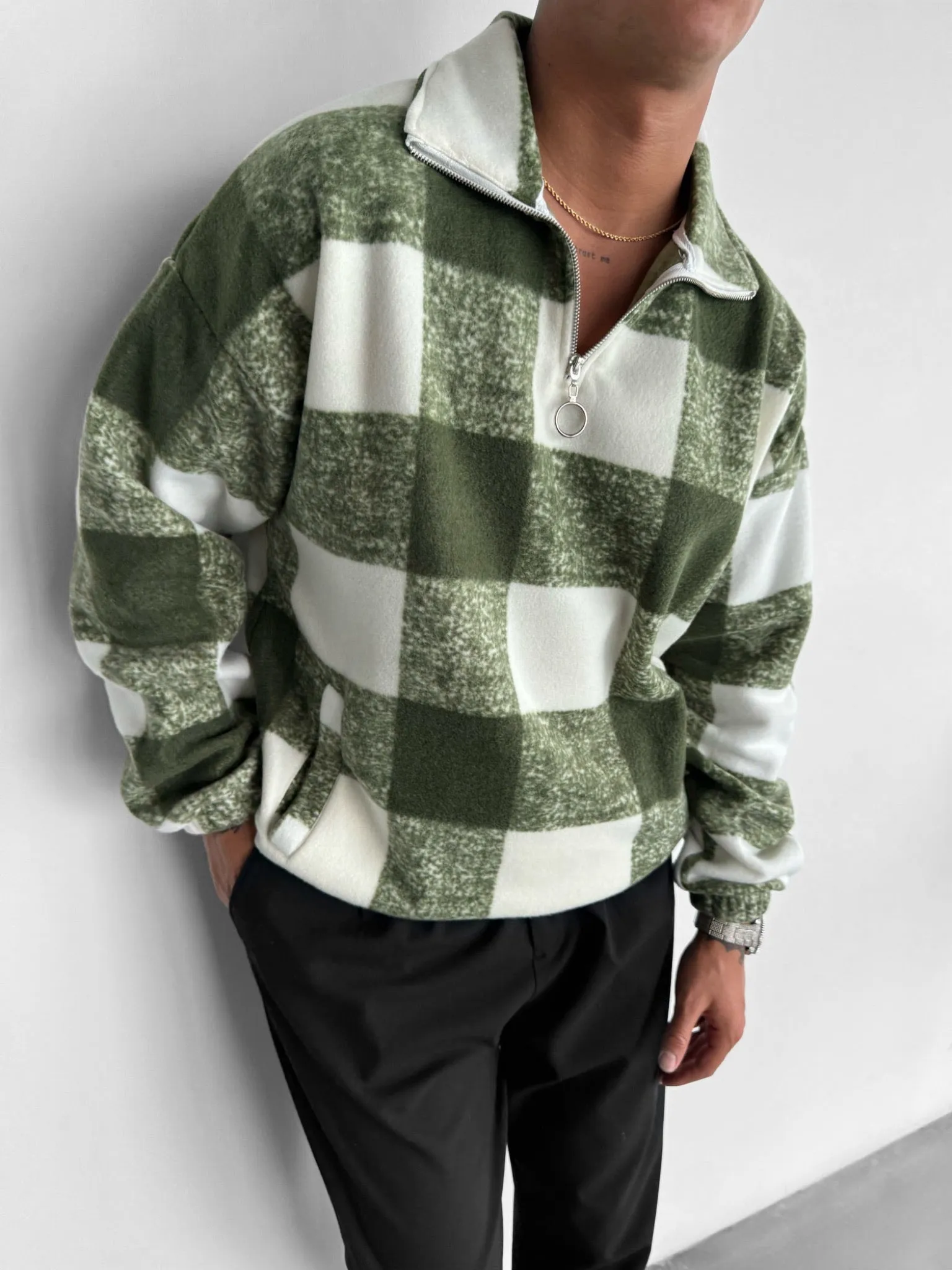 Oversize Checked Zipper Pullover - Green