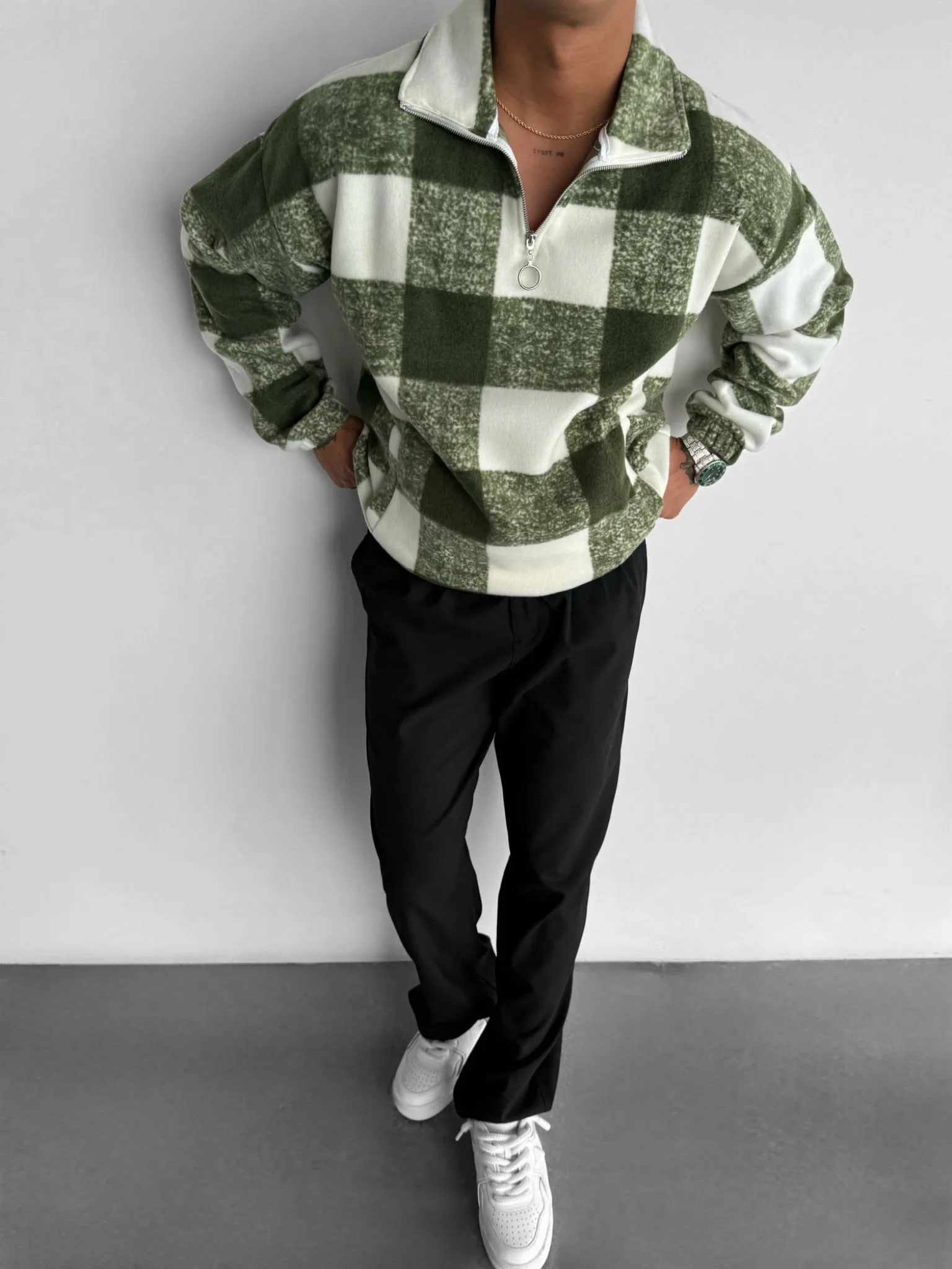 Oversize Checked Zipper Pullover - Green