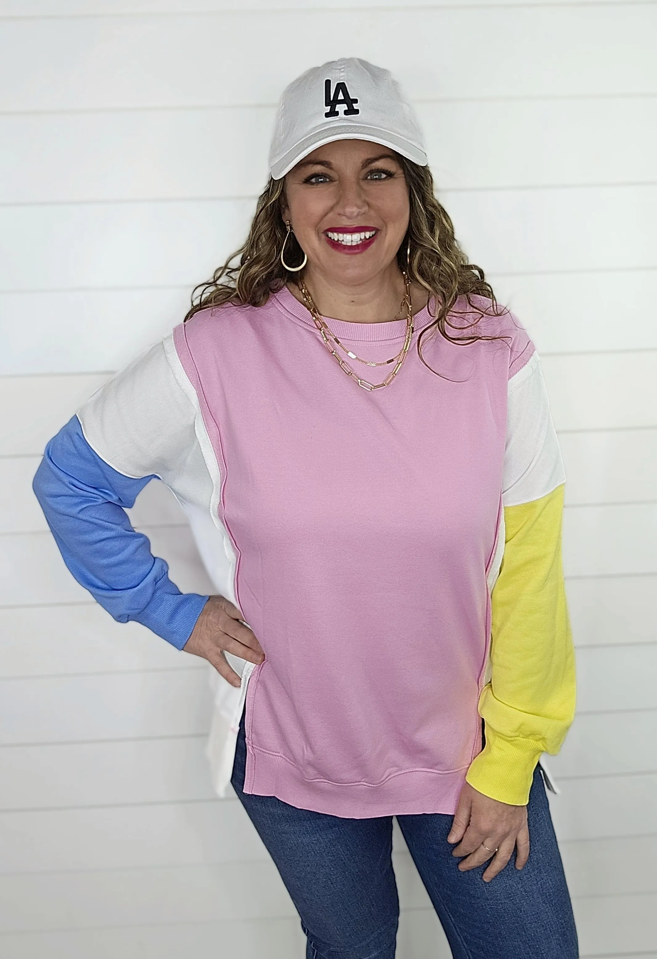 PINK/BLUE/YELLOW COLORBLOCK RAW EDGE PULLOVER