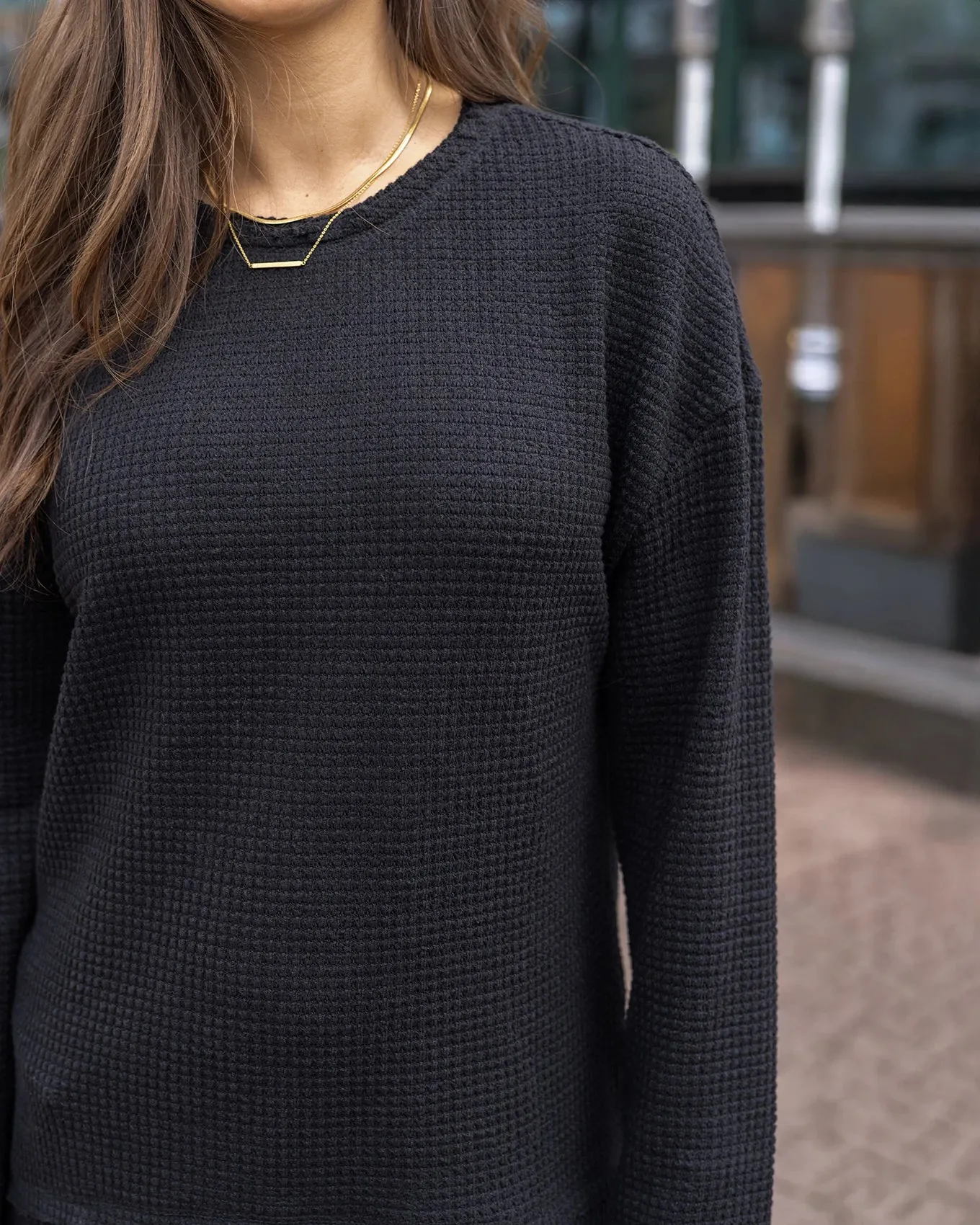 Slouchy Black Waffle Pullover