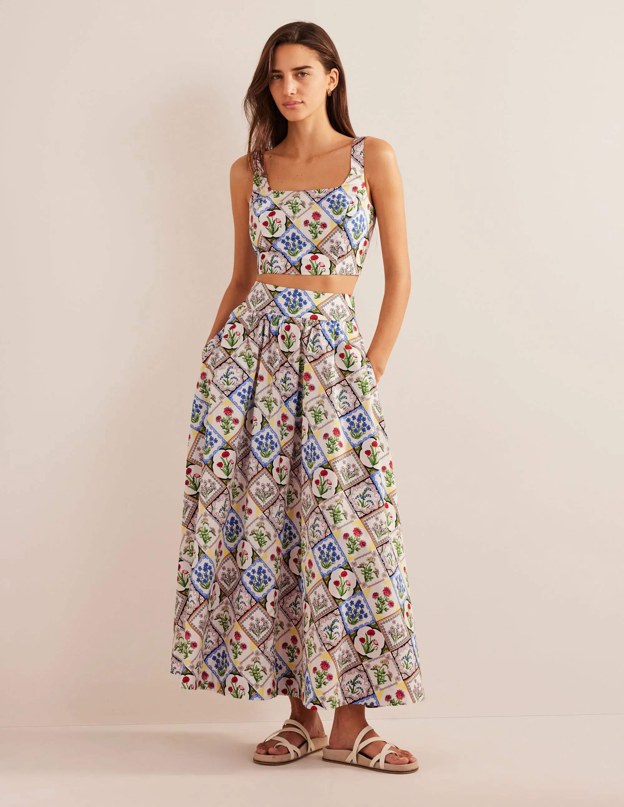Square Neck Cropped Co Ord Top-Ivory, Wild Bluebell