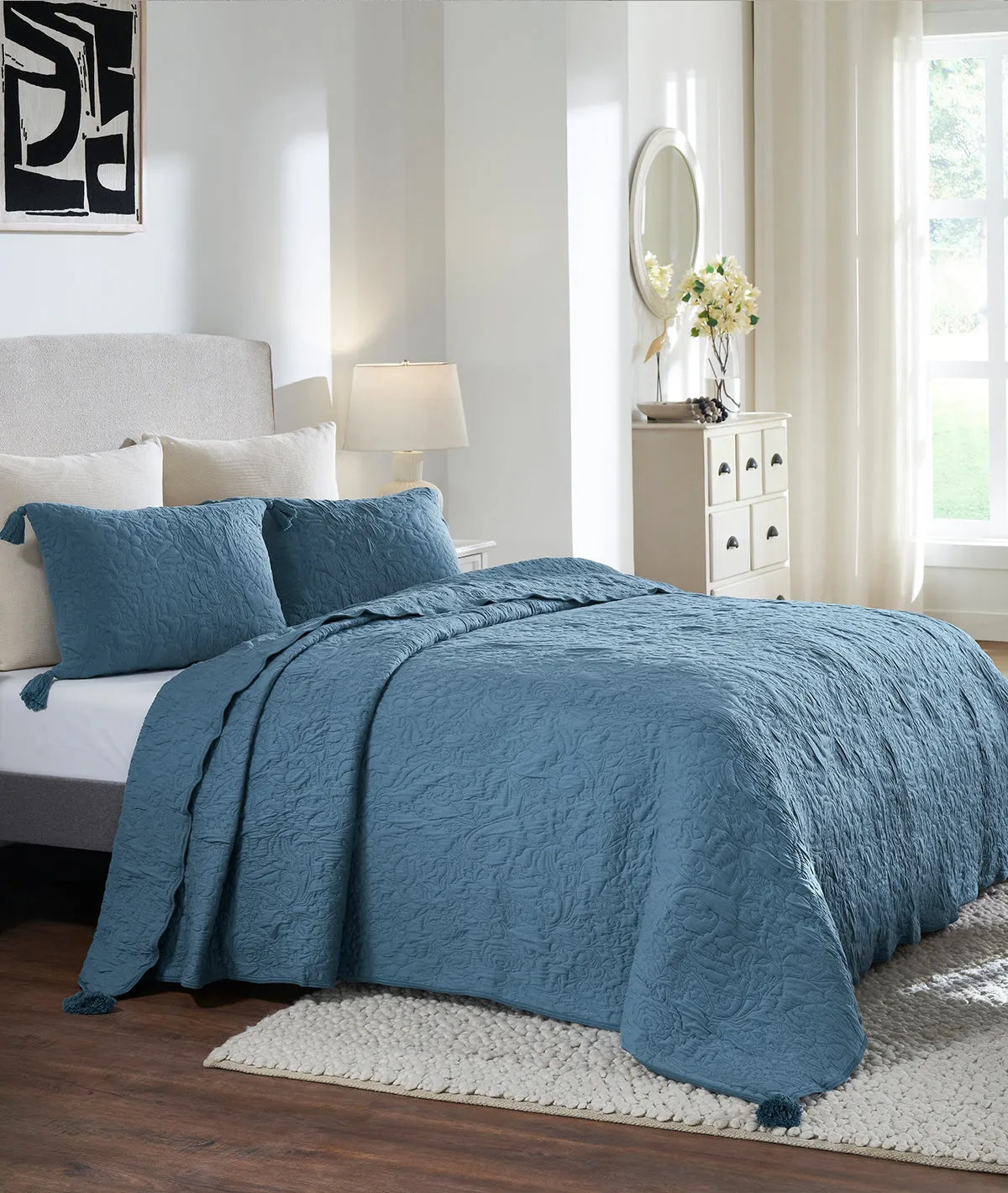 Summer Beauty Aegean Blue  100% Cotton Knitted With Polyester Filled King Size Bed Cover With 2 Pillow Covers (Set of 3 Pcs)