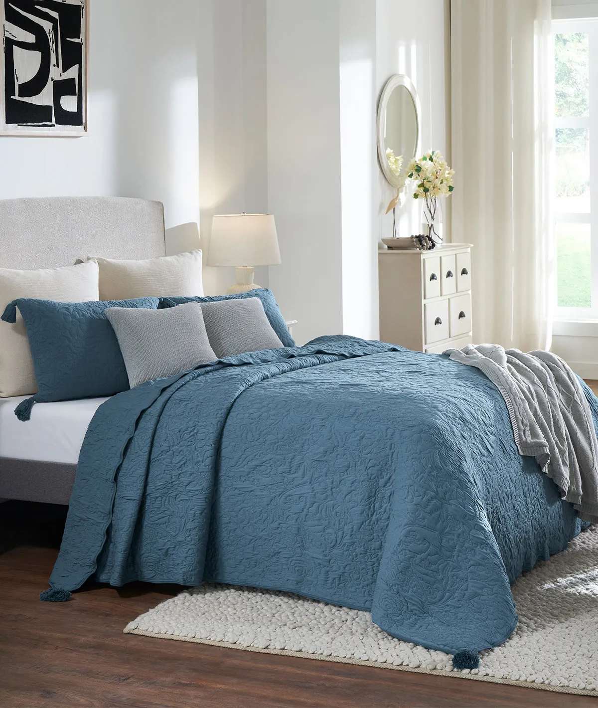 Summer Beauty Aegean Blue  100% Cotton Knitted With Polyester Filled King Size Bed Cover With 2 Pillow Covers (Set of 3 Pcs)