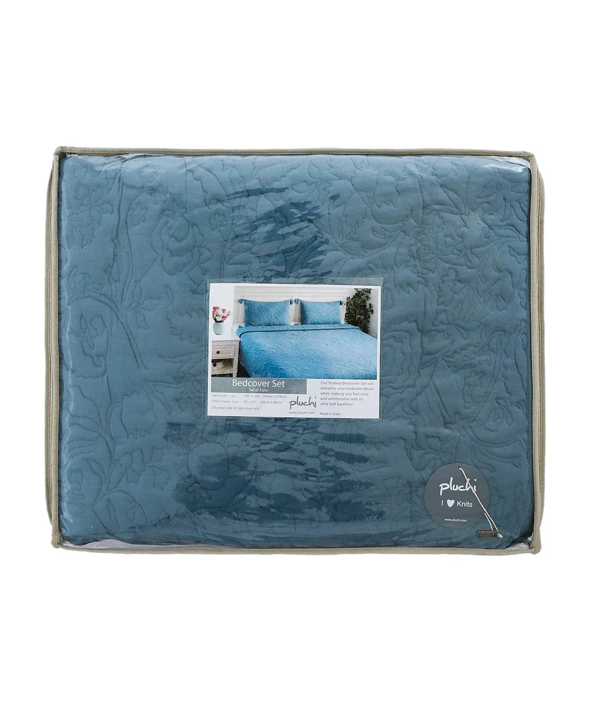 Summer Beauty Aegean Blue  100% Cotton Knitted With Polyester Filled King Size Bed Cover With 2 Pillow Covers (Set of 3 Pcs)