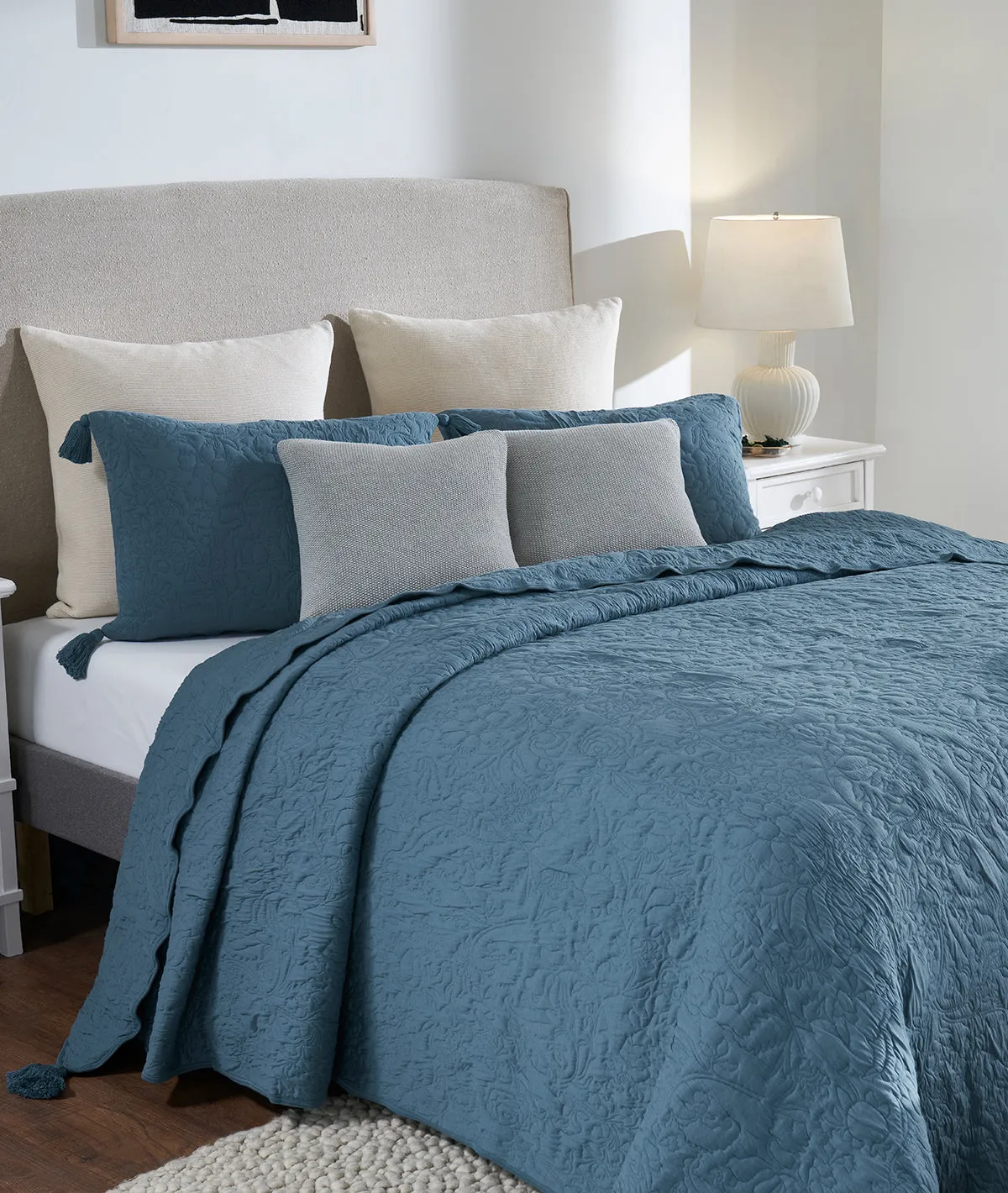 Summer Beauty Aegean Blue  100% Cotton Knitted With Polyester Filled King Size Bed Cover With 2 Pillow Covers (Set of 3 Pcs)