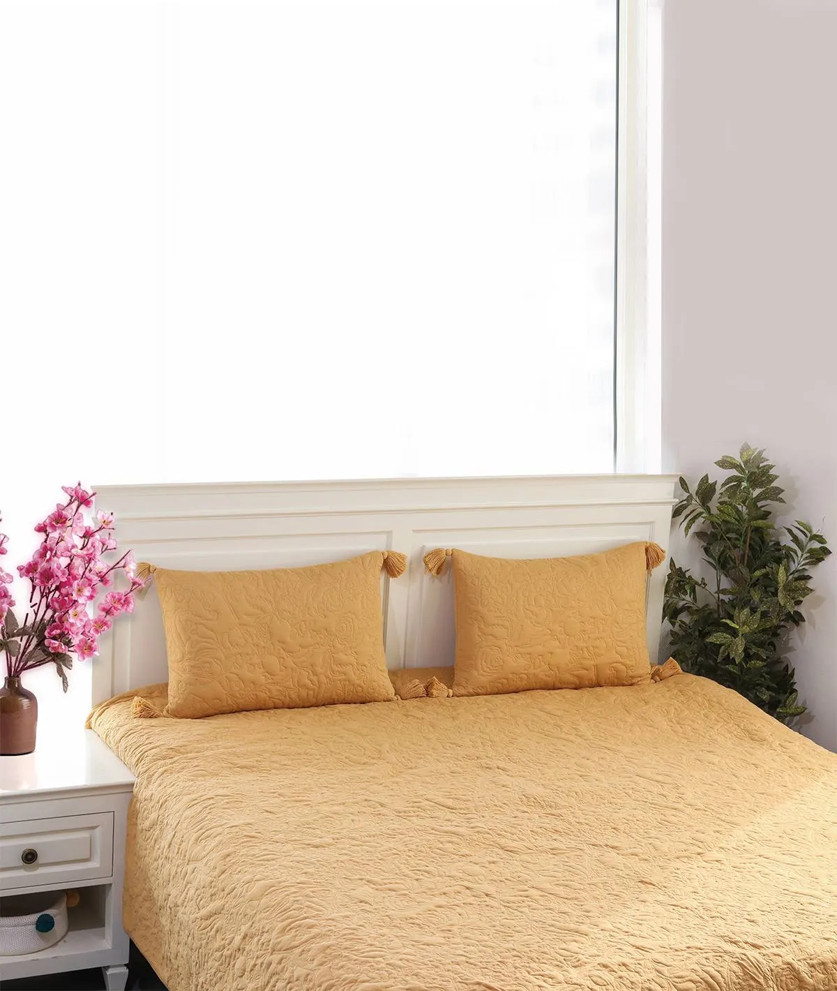 Summer Beauty Medium Beige Melange Color 100% Cotton Knitted King Size Bed Cover with 2 Pillow Cover Set