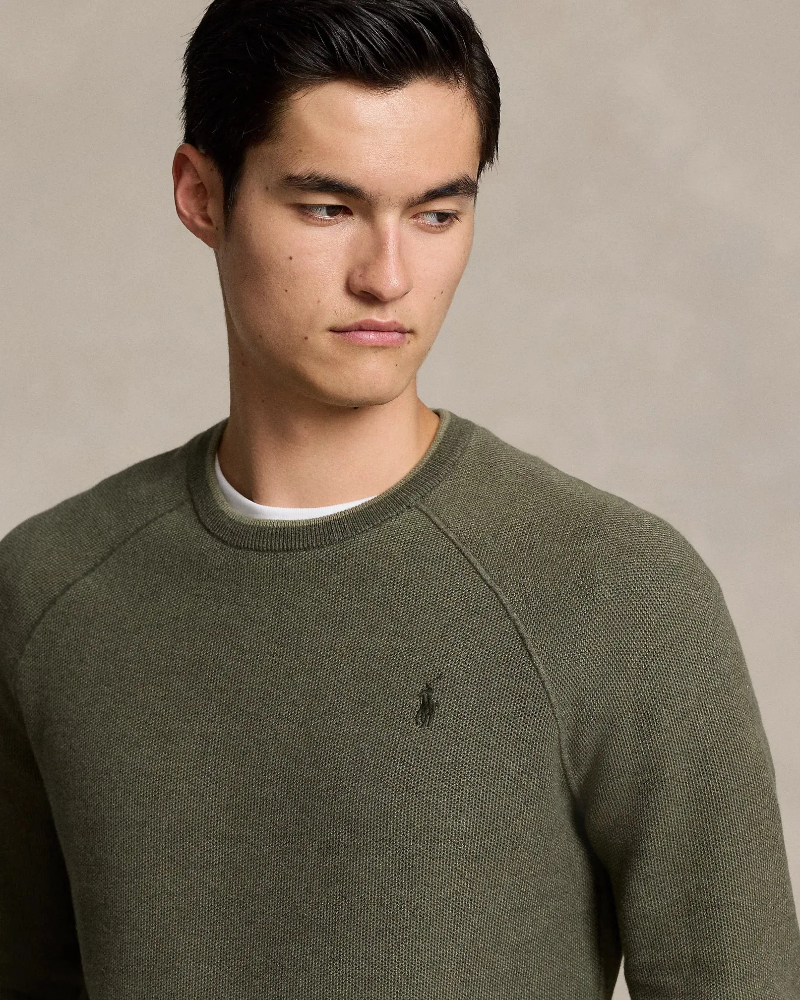 Textured Cotton Crewneck Jumper - Olive Green