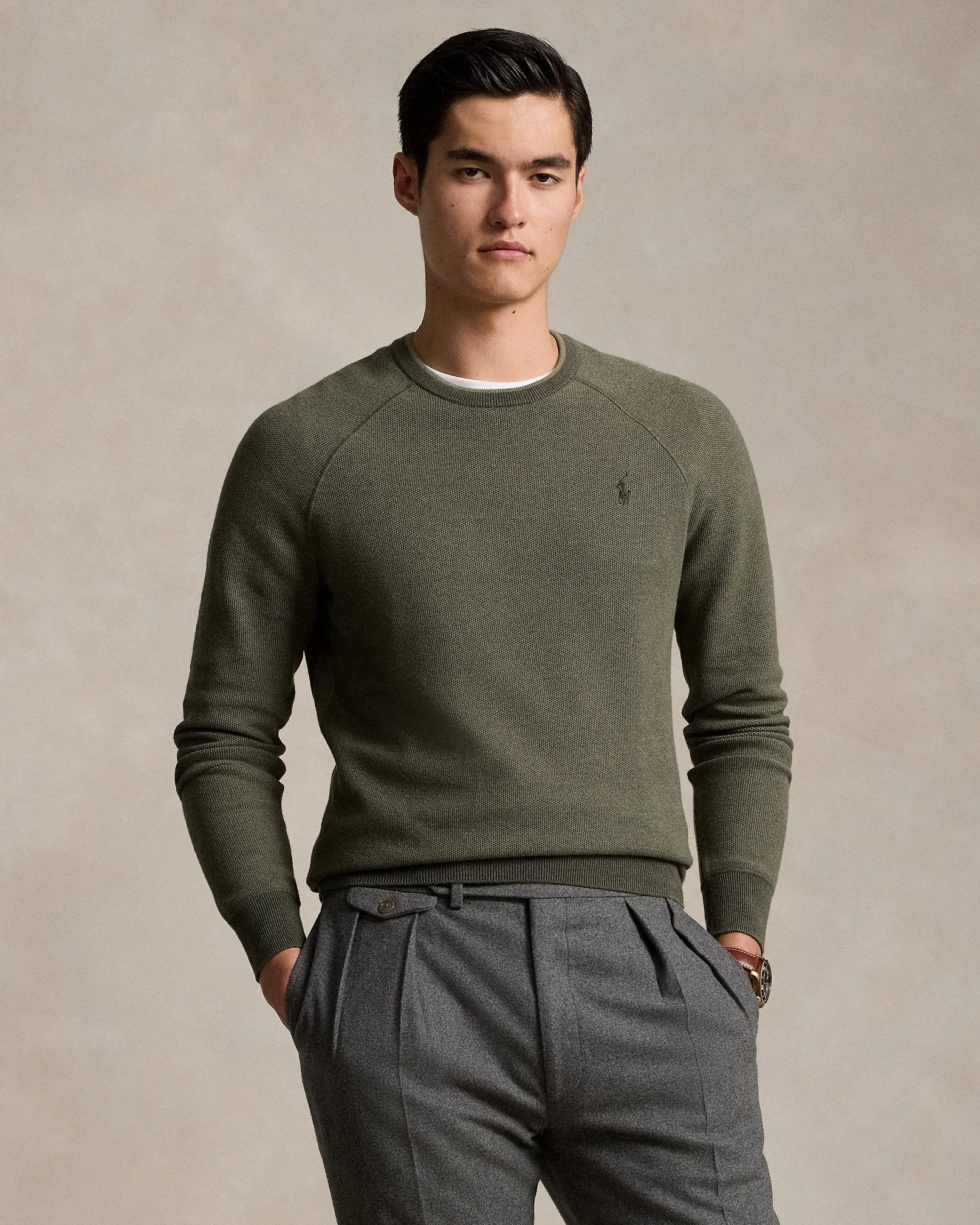Textured Cotton Crewneck Jumper - Olive Green