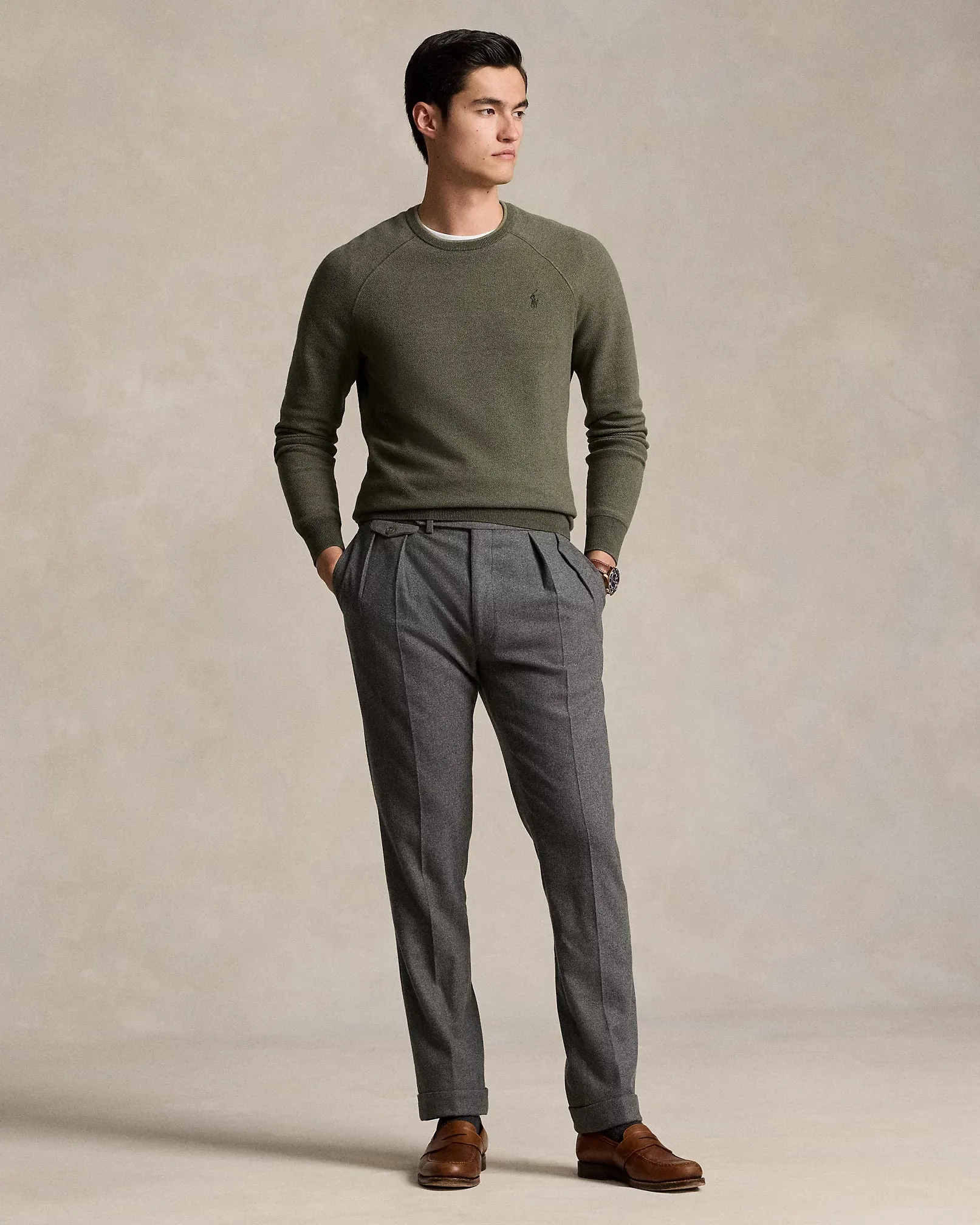 Textured Cotton Crewneck Jumper - Olive Green