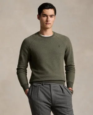 Textured Cotton Crewneck Jumper - Olive Green