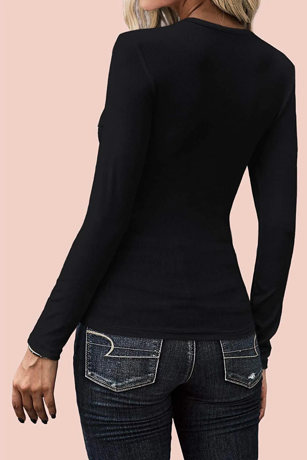 U Neck Button Knit Long Sleeve Top