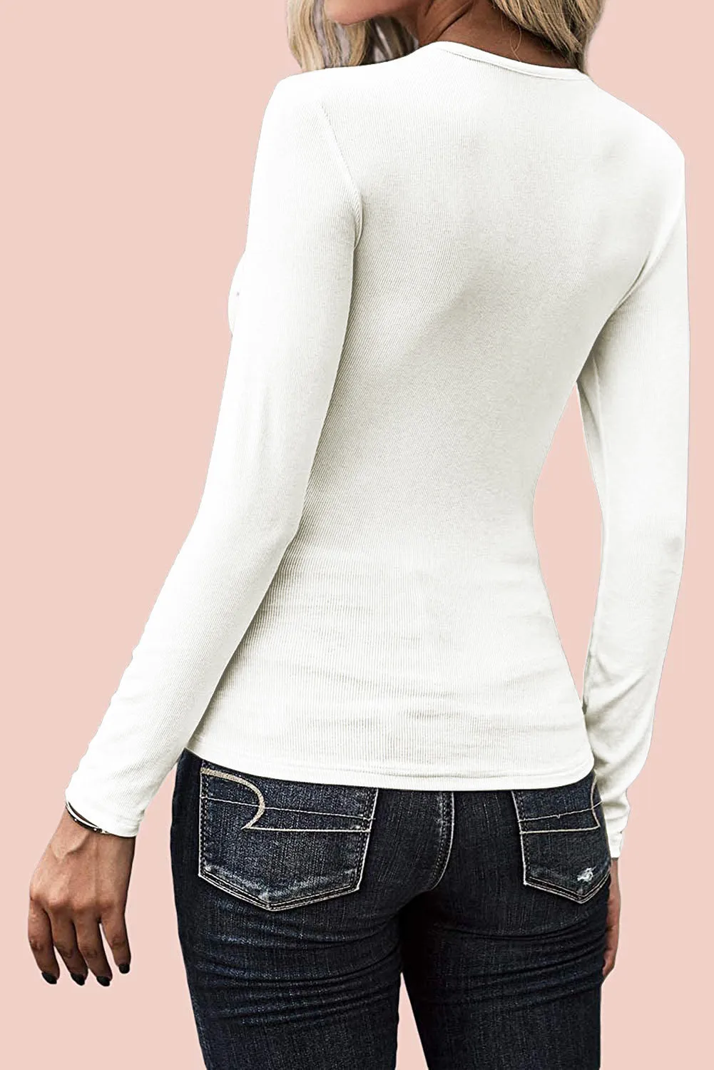 U Neck Button Knit Long Sleeve Top