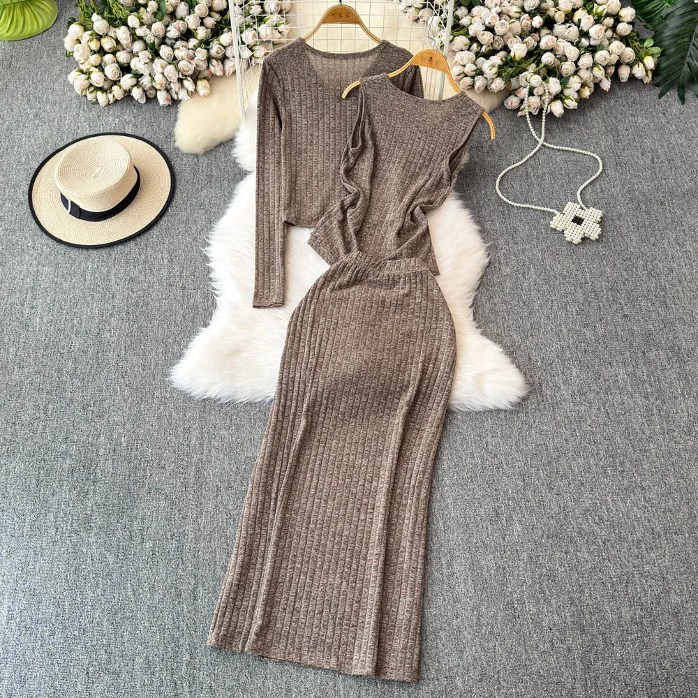 V-neck Cardigan&Vest&Skirt Knitted 3Pcs