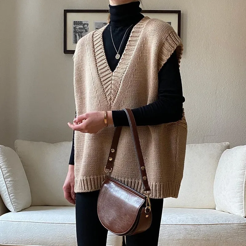 v neck knitted loose sleeveless sweater