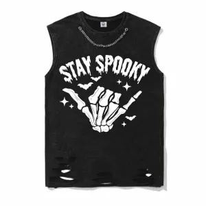 Vintage Washed Stay Spooky Skull Hand Cotton Vest Top
